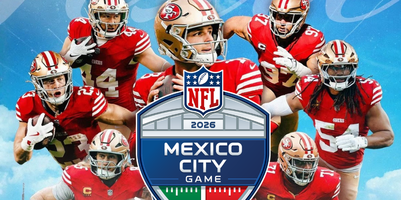 Jugadores de los 49ers con el logo del NFL Mexico City Game 2026