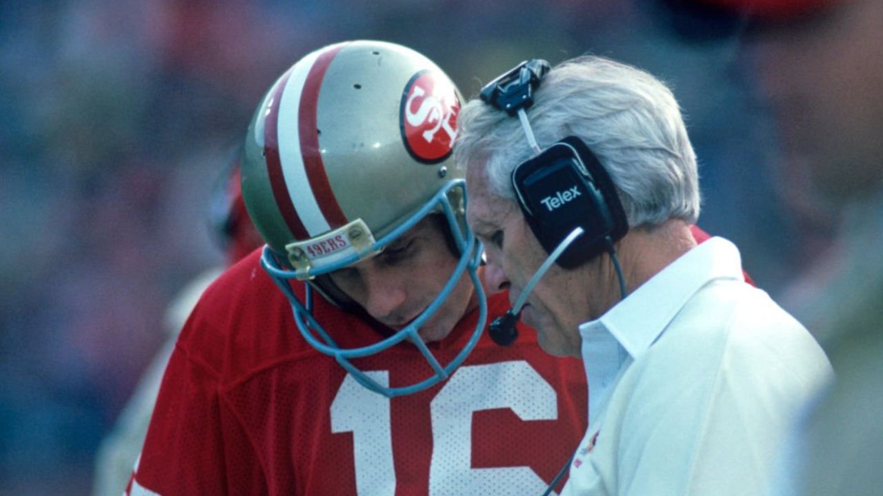 QB Joe Montana y HC Bill Walsh con los San Francisco 49ers en 1985