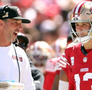 HC Kyle Shanahan y QB Brock Purdy, San Francisco 49ers. Foto: Scott Strazzante, Getty Images