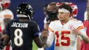 QB Lamar Jackson, Baltimore Ravens; y QB Patrick Mahomes, Kansas City Chiefs. Foto: Perry Knotts/Getty Images