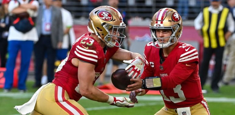 RB Christian McCaffrey (izquierda) y QB Brock Purdy (derecha), San Francisco 49ers