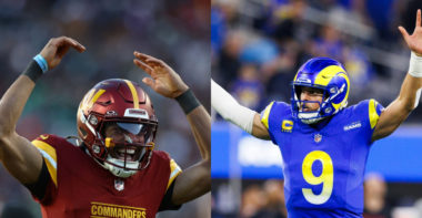 QB Jayden Daniels (izquierda) de los Washington Commanders, QB Matthew Stafford (derecha) de Los Angeles Rams