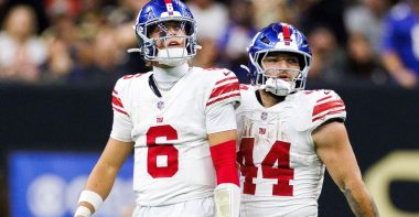 QB Jaxson Dart y RB Cam Skattebo, New York Giants. Foto: Logan Bowles/Getty Images