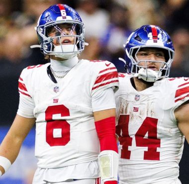 QB Jaxson Dart y RB Cam Skattebo, New York Giants. Foto: Logan Bowles/Getty Images