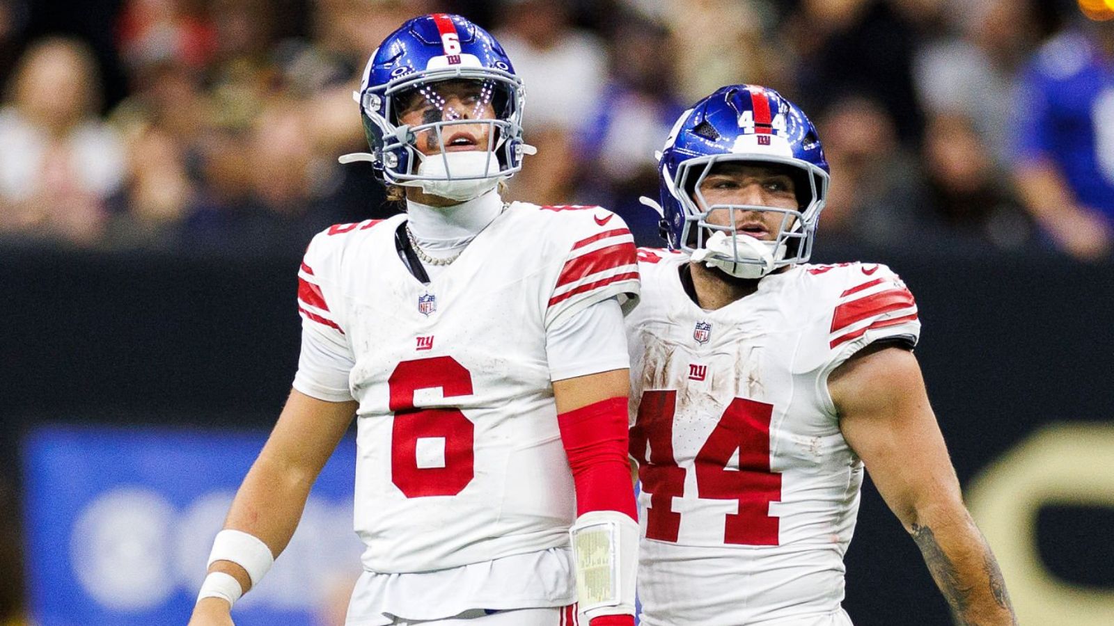 QB Jaxson Dart y RB Cam Skattebo, New York Giants. Foto: Logan Bowles/Getty Images