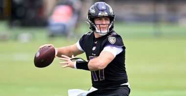 QB Diego Pavia con los Baltimore Ravens. Foto: Getty Images.