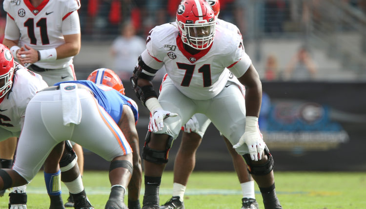 OT Andrew Thomas de los Giants en su etapa colegial con Georgia